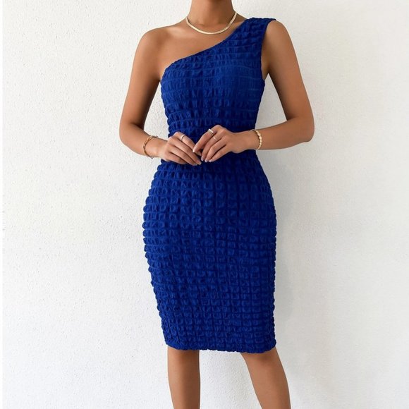 Blue One Shoulder Textured, Stretchy, Bodycon Dress SIZE 8/10 - Picture 1 of 6